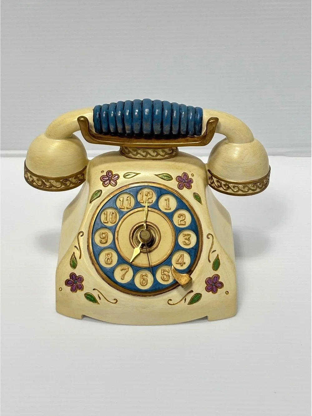 Clock Vintage Ceramic Rotary Phone Figurine with Floral Design and Blue Accents